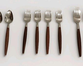 Vintage MCM American Tempo Flatware [8 Pieces] Japan Stainless w/Faux Wood