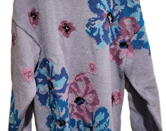 Vintage 80s Jones New York Sport Floral Knit Sweater Purple Size Large