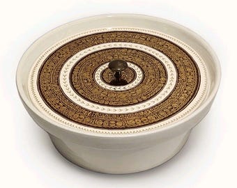 Vintage MCM Ernest Sohn Ceramic Covered Serving Dish Egyptian-Style Gold Design