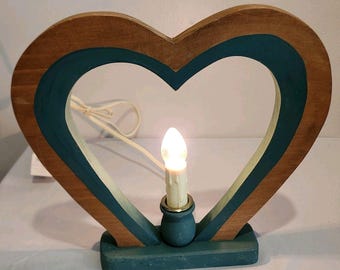 Vintage Wooden Heart Cottagecore 10" Brown and Green Lamp