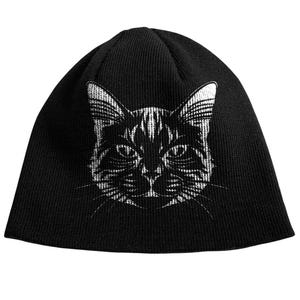 Black Knit Beanie with Cat Face Print – Cozy Winter Hat for Cat Lovers