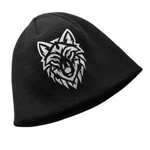 Embroidered Wolf Beanie: Tribal Knit Winter Hat