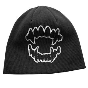 Black Knit Beanie with Embroidered Vampire Fangs: Gothic Horror Emo Skull Cap