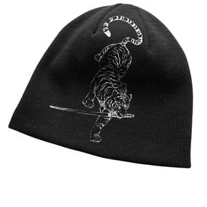 Embroidered Tiger Katana Beanie: Japanese Streetwear Knit Winter Cap