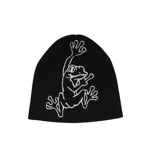 Black Knit Beanie with Frog Embroidery – Unisex Beanie Hat | Funny Frog Hat | Gift for Animal Lovers