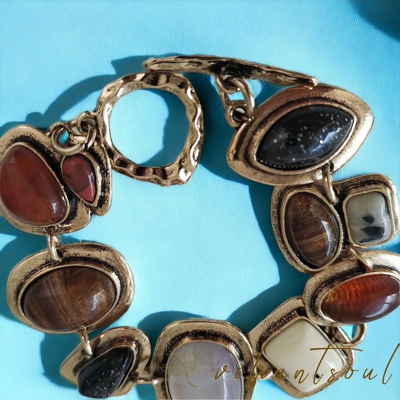 Chunky Vintage Cuff Bracelet, Boho Bracelet, Statement Bracelet, Gold Bracelet, Unique Bracelet, Handmade, Gemstone Bracelet, Gift For Her image 3