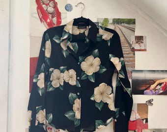 Vintage Black Sheer Blouse Lily Floral Print Button Up Top Blouses Unisex Womens Clothing