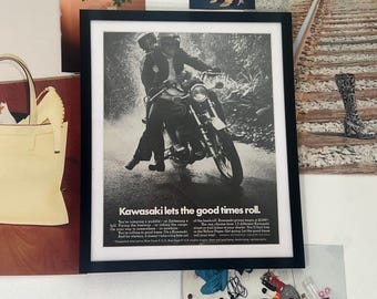 Vintage Kawasaki Motorcycle Advertisement Framed Art Ad Home Decor Memorabilia Man Cave Wall Art