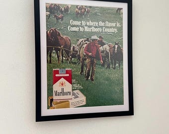 Vintage Marlboro Man Tobacco Advertisement Framed Art Home Decor Black Matte Frame Cigarette Ad memorabilia