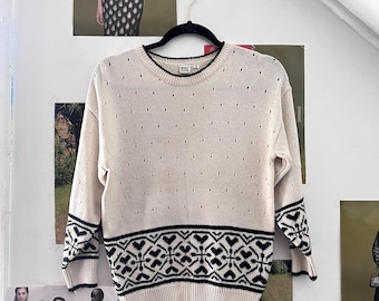 90's Vintage Ivory and Black Heart Design Acrylic Lace Knit Sweater Retro Women's Clothing Hearts Valentines Top