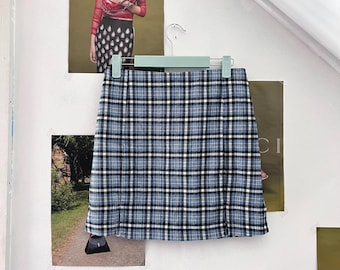 Vintage Blue and White Plaid Mini Skirt Y2k Women's Clothing
