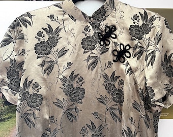 Vintage 90's Tan and Black Satin Rose Floral Print Full Length Fitted High-Neck Dress