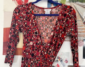 Vintage 90's does 70's Red Tan and Black Dot Circle Dress Wrap Dresses Womens Retro Clothing