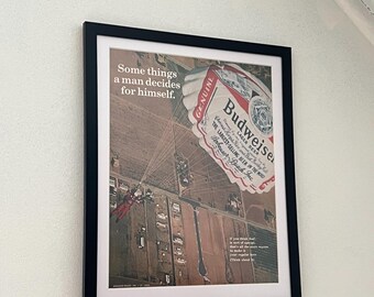 Anuncio de alcohol de cerveza Budweiser vintage, pieza de arte enmarcada, decoración del hogar, recuerdos publicitarios de licores