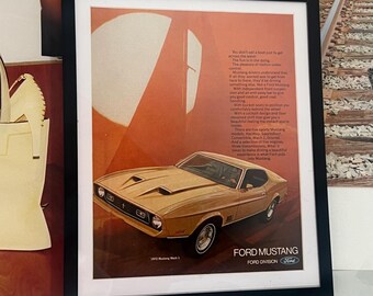 Vintage Ford Mustang Advetisement Framed Art Ad Home Decor Memorabilia Man Cave Wall Garage