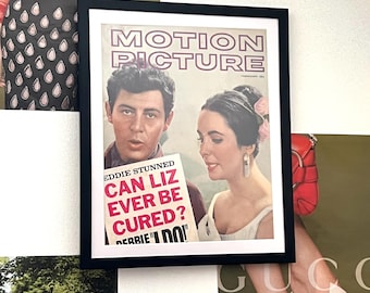 Vintage Motion Picture Magazine Cover Black Framed Art Piece February 1960's Elizabeth Taylor