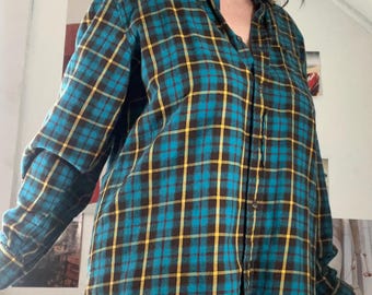 Vintage Blue and Yellow Flannel Plaid Button Down Shirt Cotton ST John's Bay Shirts