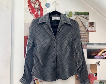 Vintage Silver and Black Checkered Pinstripe Blouse Button Up Top Women's Blouses Unisex Clothing
