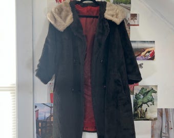 60's Brown Faux Fur Satin Lined Overcoat Jacket Coat Vintage Outerwear