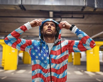 Kapuzenpullover mit USA-Flagge und Reißverschluss – Unisex, patriotisches Design