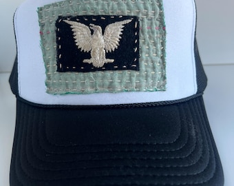Upcycled Fabric Scrap Trucker Hat with Vintage Patch & Kantha Fabric | Hand-Stitched | Unisex Snapback