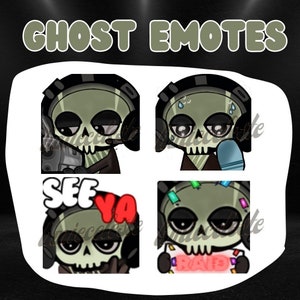 May include: Four different animated emotes featuring a cartoon skull wearing a headset. The emotes are "See Ya", "Raided", "Sweating", and "Thinking".