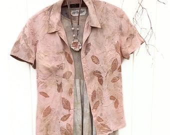 S Womens Vintage Silk Short Sleeve Button Blouse Rose Pink EcoDyed Ecoprint Leaf Prints Upcycled Chest Pockets Fitted Back Seams