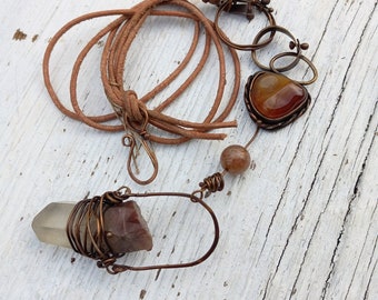 Rustic Artisan Made Quartz Point and Carnelian Cabochon Pendant Necklace Soft Leather cord with Hook fastener Bronze Base Metal