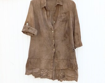 L Womens Blouse 3/4 Sleeve Linen Button Down EcoDyed Upcycled Refashion Irregular Raw Edge Hemline Rustic Style Shacket