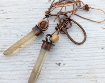 Rustic Handmade Mix Matched Earring Pair Hoops with Raw Citrine Points Bronze Base Metal.