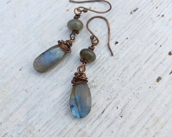 Rustic Earrings Wire Wrapped Labradorite Cut Teardrop Dangle