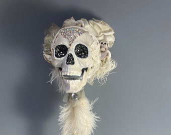 White Goth Skull & Roses Staff, crystals, feathers, wood base, 48" tall, head is 5-1/2" wide