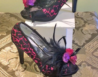 Black Lace Heels with Flowers,Lace,Feathers- 8.5