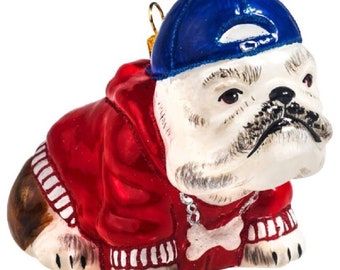 Joy to the World Bulldog Rapper with Reverse Ball Cap Polish Glass Dog Ornament