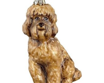 Joy to the World Brown Blonde Labradoodle Dog Polish Glass Christmas Ornament