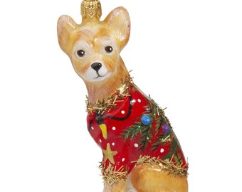 Joy to the World Diva Dog Chihuahua Wearing Ugly Christmas Sweater Polish Glass Ornament Dog