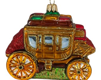 Pinnacle Peak Trading Western Stage Coach Wagon Polish Mouth Blown Glass Christmas Ornament Decoration