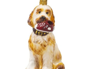 Joy to the World Goldendoodle with High Top Sneaker and Crystal Collar Polish Glass Dog Ornament