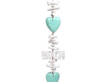 Aqua Hearts with the Word Beach on Seagrass Rope with Rocks and Driftwood Mobile