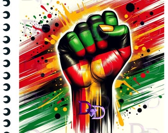 May include: A raised fist painted in the colors of the Pan-African flag, with a yellow, red, and green color scheme. The fist is surrounded by a white background with splashes of yellow, red, and green paint.