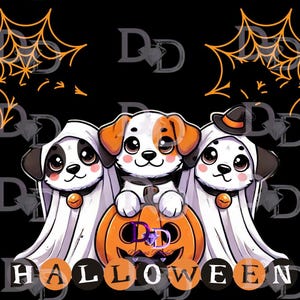 以下が含まれることがあります： ハロウィーンをテーマにしたグラフィックで、3匹の漫画の犬が描かれています。2匹は幽霊の格好をし、1匹は魔女の帽子をかぶっています。オレンジ色のカボチャの周りに集まっています。「HALLOWEEN」という言葉が下部に書かれています。