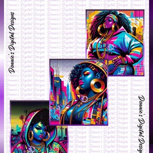 Peut inclure: Impressions d'art numérique présentant des portraits stylisés de femmes aux couleurs vives et aux lignes audacieuses. L'œuvre comprend le texte "Masterpiece's" et "Donnie's Digital Designs". Les portraits mettent en scène des femmes avec des coiffures et des bijoux élaborés.