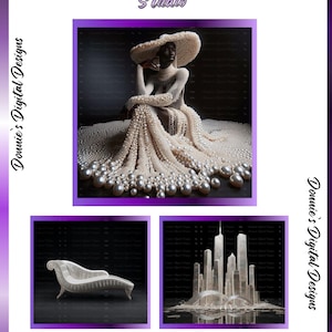 May include: Digital art print featuring a woman in a pearl-adorned gown and hat, with a chaise lounge and a cityscape. The artwork is framed in purple with the text "Opulence Design Studio" and "Donnie's Digital Designs".