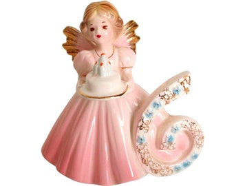 Vintage Josef Originals Age 6 Birthday Angel Figurine Japan Pink Brown Eyes Birthday Gift Cake Topper