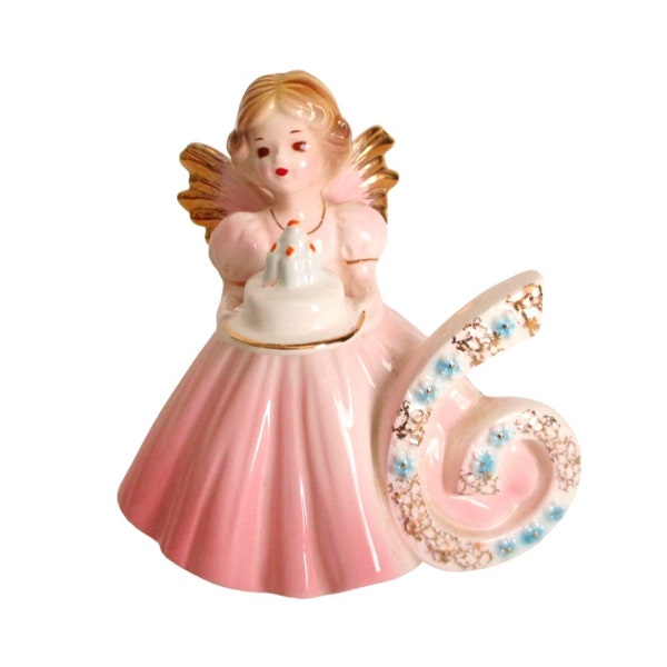Vintage Josef Originals Age 6 Birthday Angel Figurine Japan Pink Brown Eyes Birthday Gift Cake Topper