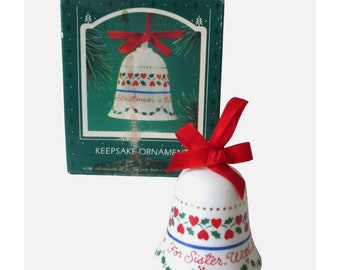 Vintage 1985 Hallmark Porcelain Bell Christmas Ornament For Sister With Love