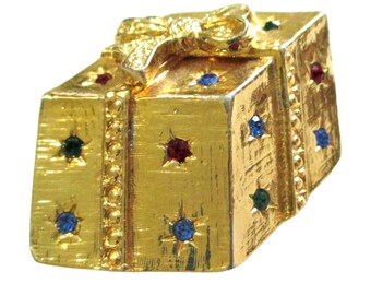 Vintage Christmas Present Brooch Pin Sparkling Rhinestones Holiday Jewelry