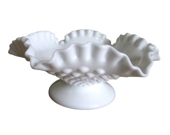 Vintage Fenton Hobnail White Milk Glass Crimped Bowl Centerpiece Decorative Candy Bowl Home Decor