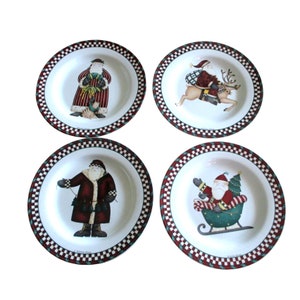 4 Sakura Debbie Mumm Santa&#39;s Spirit Salad Plates - Santa Reindeer Sleigh - Christmas Holiday Tableware Replacement Dinnerware