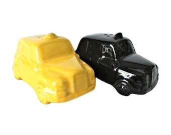 Vintage Figural Salt Pepper Shakers Taxi Cab Black Yellow Kitschy Decor